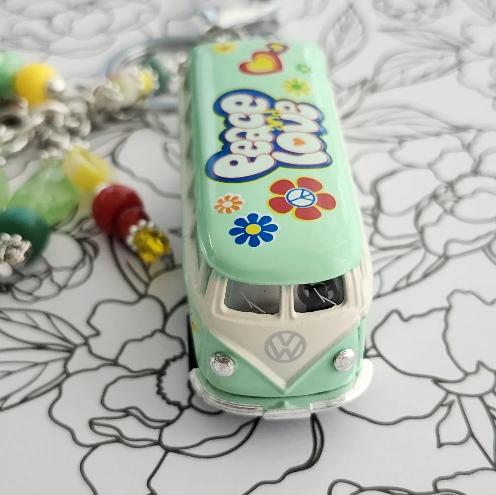 VW Bus-inspired Peace Purse Charm or Keychain Handcrafted Glass Stone